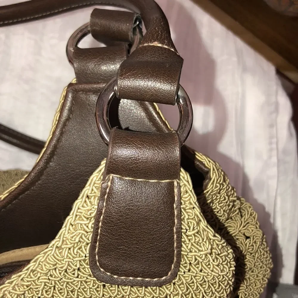 Macrame Crochet Faux Leather Combo Tan Brown Satchel